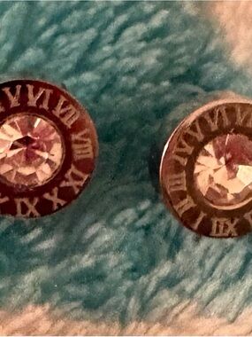 Crystal Roman Numeral Stud Earrings - Silver Stainless Steel